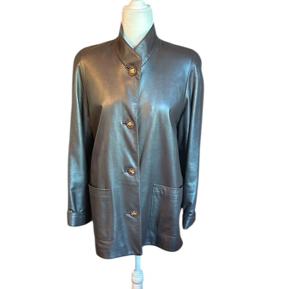 Elegant Gray Women's Leather Metallic Brown Jacket Size Small - Picture 6 of 6